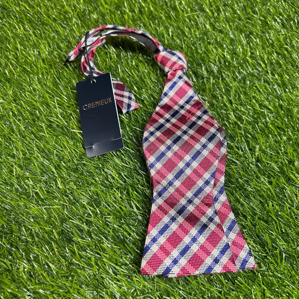 Cremieux Plaid Silk Bow Tie Mens One Size Pink Blue Self Tie Adjustable NWT